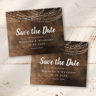 Rustic Wood String Lights Brush Script Wedding Sav