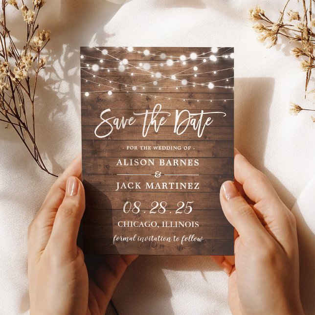 Rustic Wood String Lights Brush Script Wedding Save The Date (Creator Uploaded)