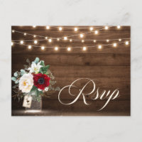 Rustic Wood String Lights Burgundy Floral RSVP