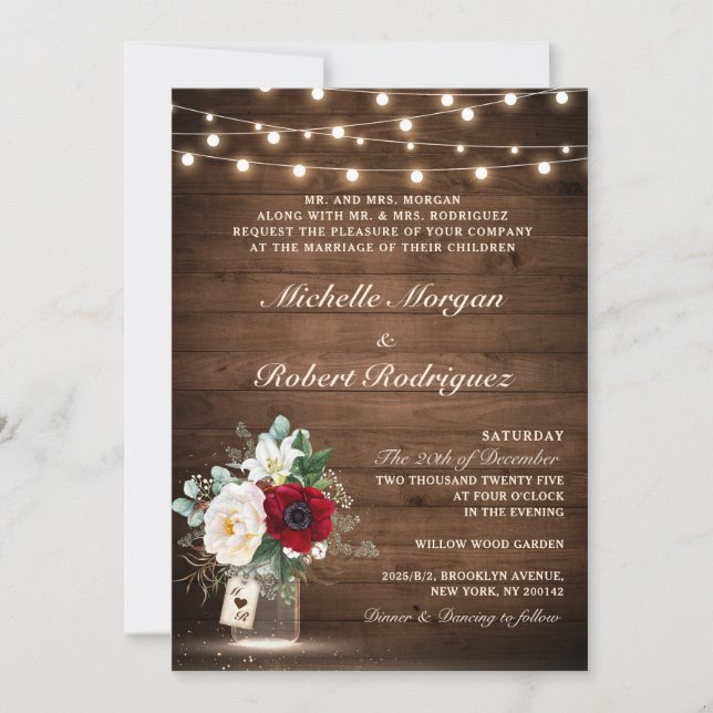 Rustic Wood String Lights Burgundy Floral Wedding Invitation (Front)