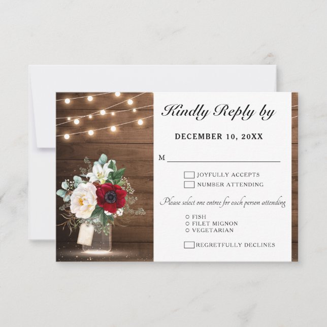 Rustic Wood String Lights Burgundy Floral Wedding RSVP Card (Front)
