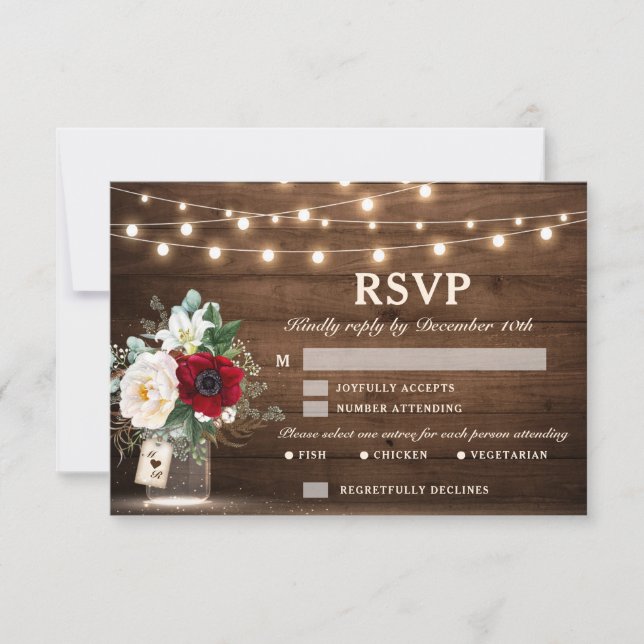 Rustic Wood String Lights Burgundy Floral Wedding RSVP Card (Front)