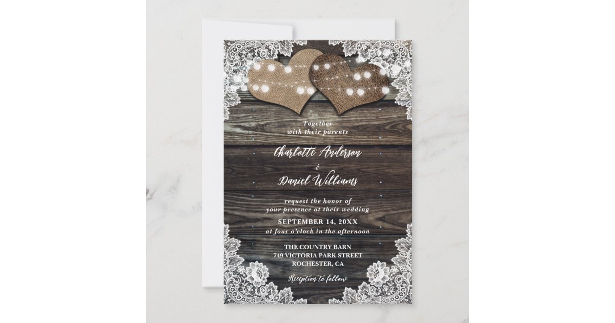 Rustic Wood String Lights Burlap Hearts Wedding Invitation | Zazzle