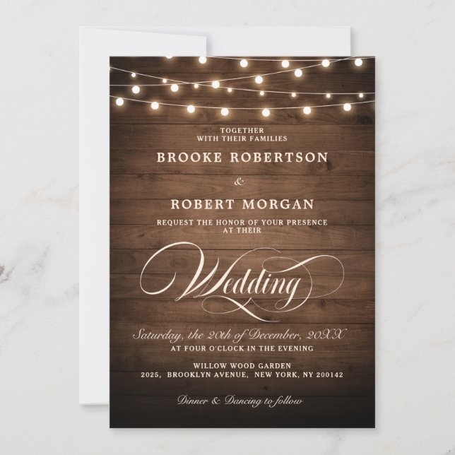Rustic Wood String Lights Calligraphy Wedding Invitation (Front)