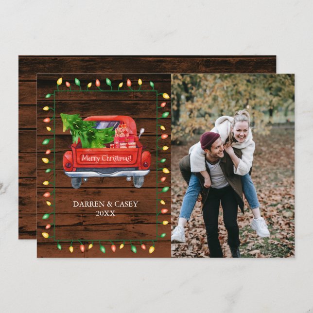 Rustic Wood & String Lights Christmas Photo Card (Front/Back)