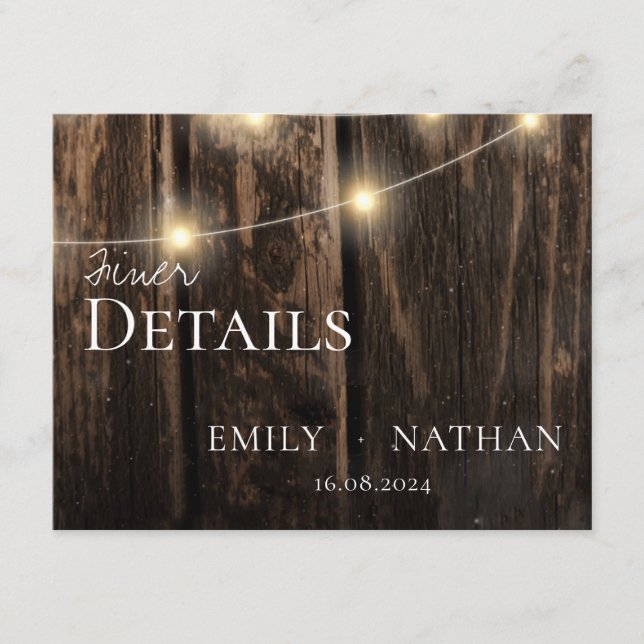 Rustic Wood String Lights Country Wedding Details  Enclosure Card (Front)