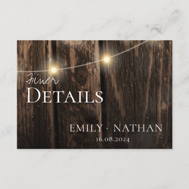 Rustic Wood String Lights Country Wedding Details  Enclosure Card (Front)