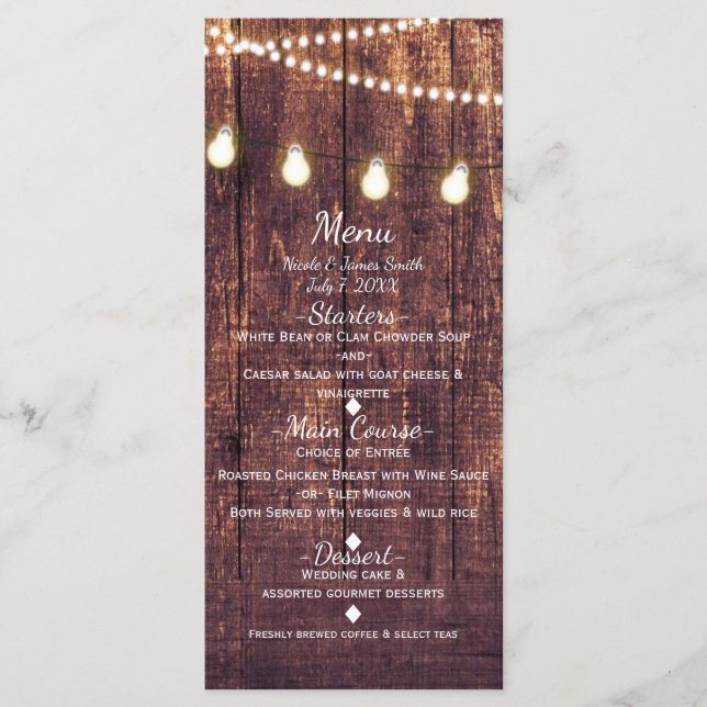 Rustic Wood & String Lights Country Wedding Menu (Front)