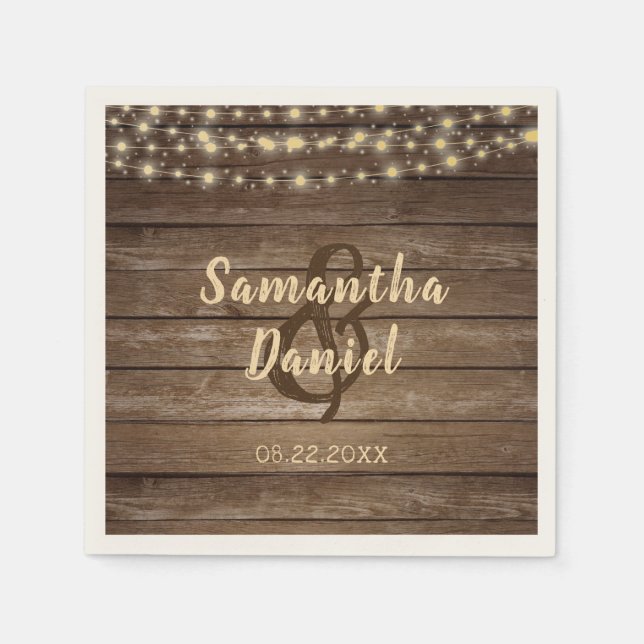 Rustic Wood String Lights Country Wedding Napkin (Front)