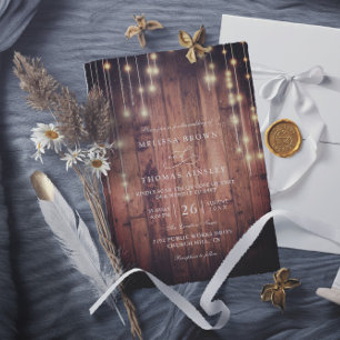 Rustic Wood String Lights Elegant QR Code Wedding Invitation
