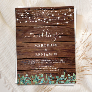 Rustic Wood String Lights Eucalyptus Wedding Invit Postcard
