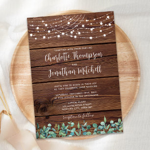 Rustic Wood String Lights Eucalyptus Wedding Invitation