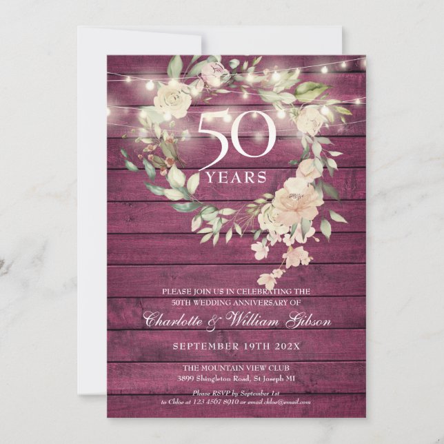 Rustic Wood String Lights Floral 50th Anniversary Invitation (Front)