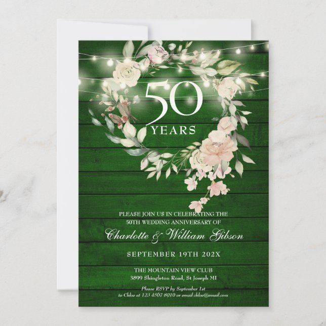 Rustic Wood String Lights Floral 50th Anniversary Invitation (Front)