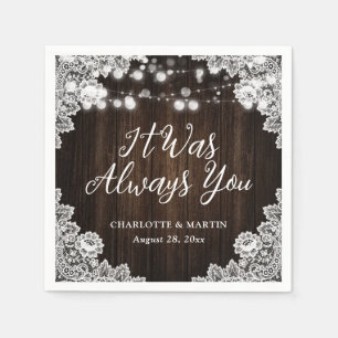 Rustic Wood String Lights Floral Lace Wedding Napkin
