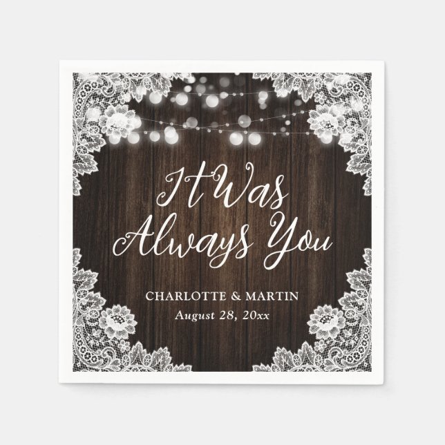 Rustic Wood String Lights Floral Lace Wedding Napkin (Front)
