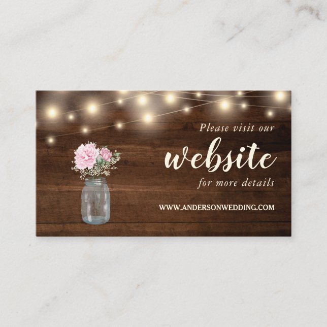 Rustic Wood String Lights Floral Mason Jar Enclosure Card (Front)