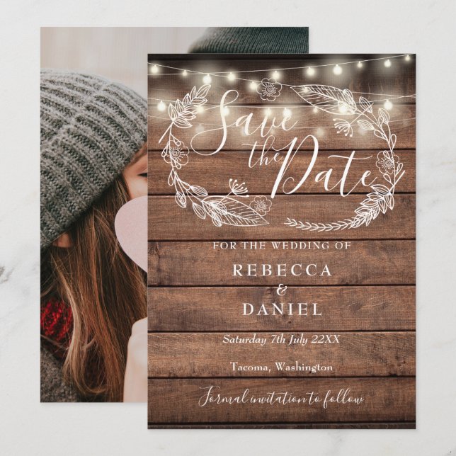 Rustic Wood String Lights Floral Photo Wedding Save The Date (Front/Back)
