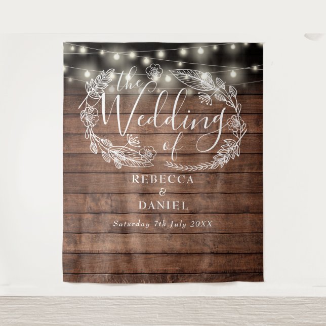 Rustic Wood String Lights Floral Wedding Backdrop Tapestry (Front)