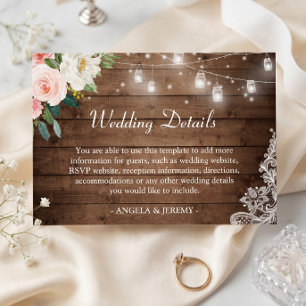 Rustic Wood String Lights Floral Wedding Details Enclosure Card