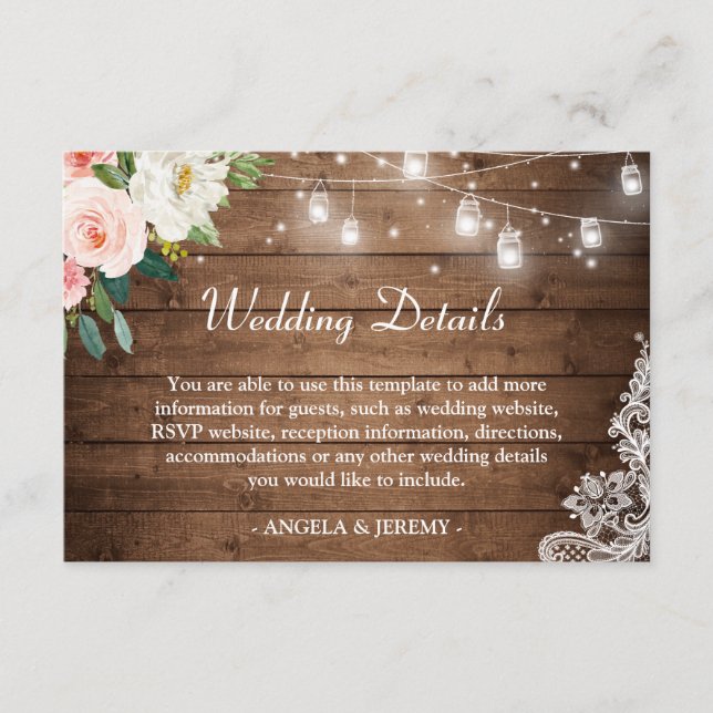 Rustic Wood String Lights Floral Wedding Details Enclosure Card (Front)
