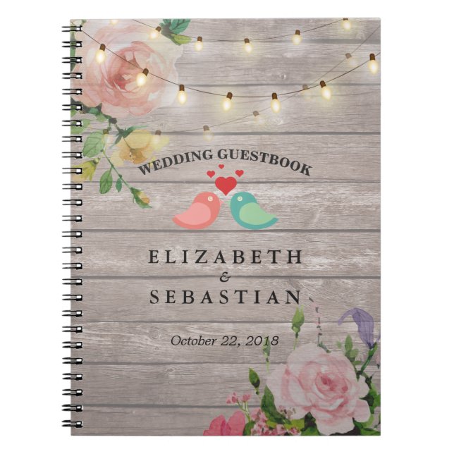 Rustic Wood String Lights Floral Wedding Guestbook Notebook (Front)