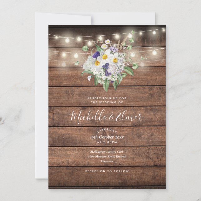 Rustic Wood String Lights Floral Wedding Invitation (Front)