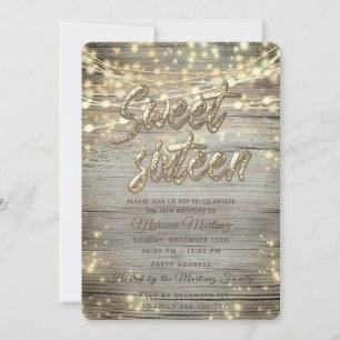Rustic wood String lights gold sparkle Invitation