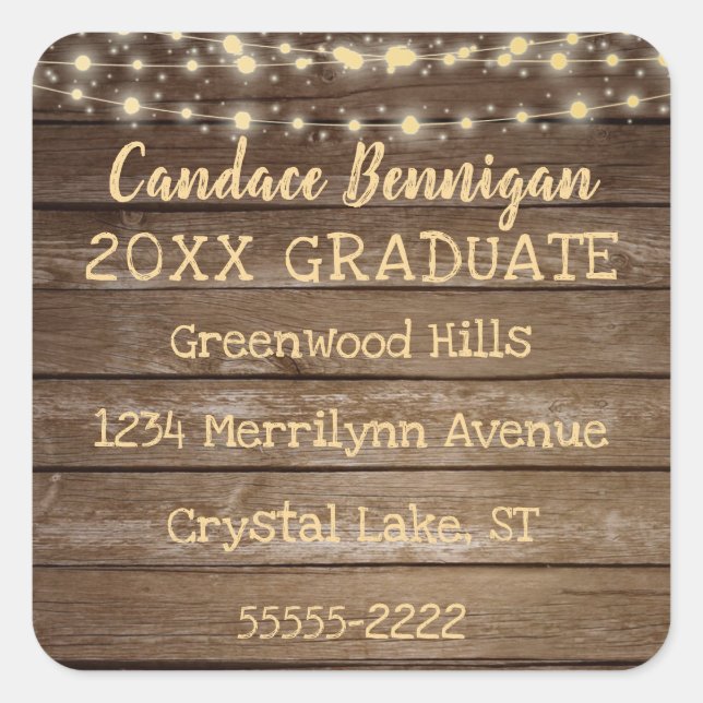 Rustic Wood, String Lights Graduate Return Address Square Sticker (Front)