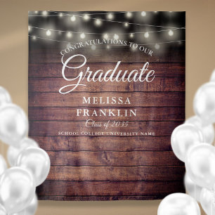 Rustic Wood String Lights Graduation Backdrop Tapestry
