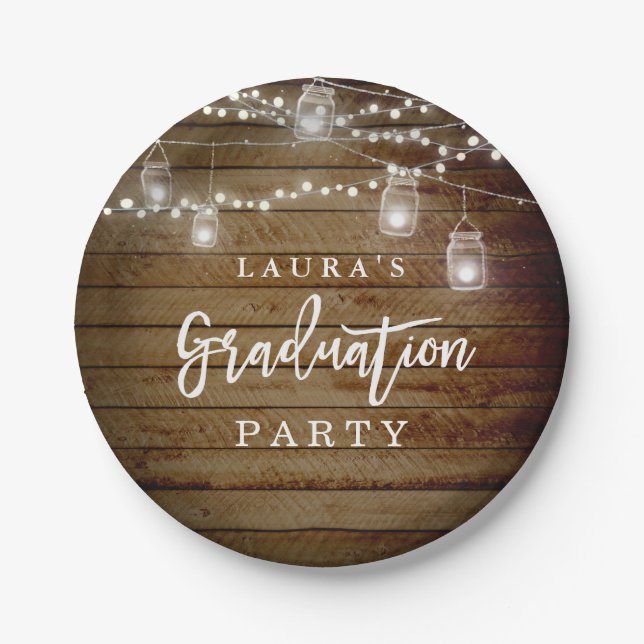 Rustic Wood String Lights Graduation Paper Plate (Front)