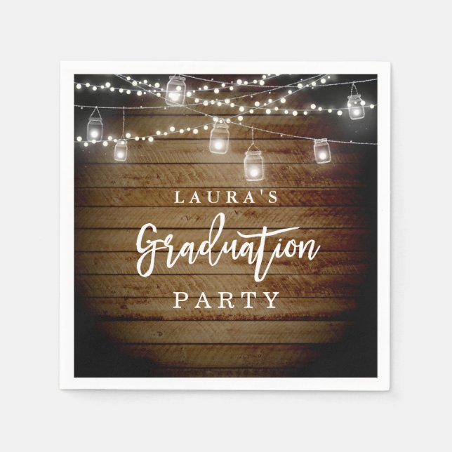 Rustic Wood String Lights Graduation Party Napkin (Front)