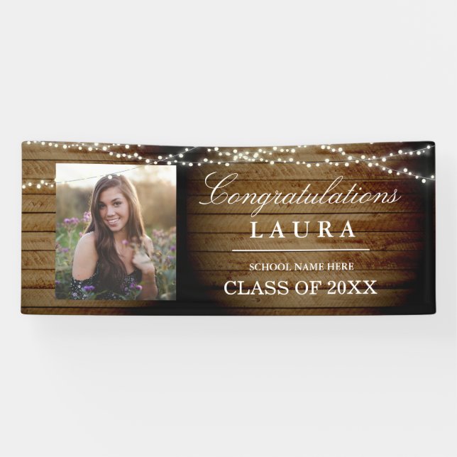 Rustic Wood String Lights Graduation Photo Banner (Horizontal)