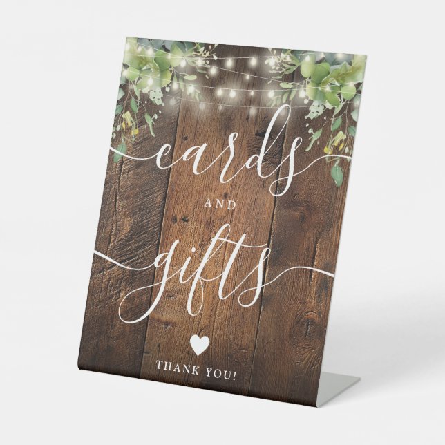 Rustic Wood String Lights Greenery Cards And Gifts Pedestal Sign (Front)
