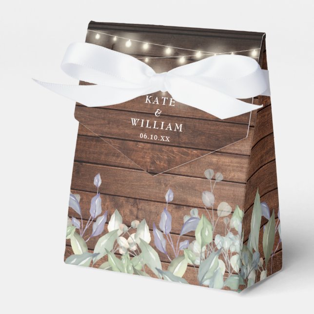 Rustic Wood String Lights Greenery Foliage Wedding Favour Box (Front Side)