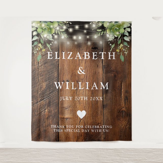 Rustic Wood String Lights Greenery Photo Backdrop Tapestry (Front)