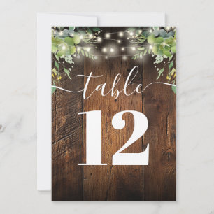 Rustic Wood String Lights Greenery Table Number