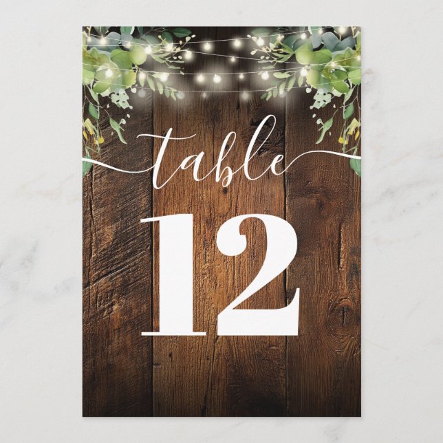 Rustic Wood String Lights Greenery Table Number (Front)