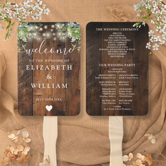 Rustic Wood String Lights Greenery Wedding Program Hand Fan (Rustic Wood String Lights Greenery Wedding Program Hand Fan)