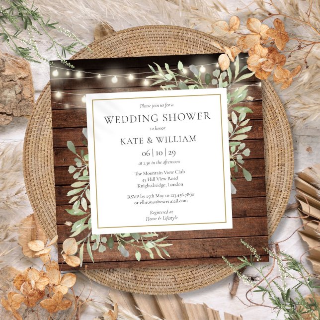 Rustic Wood String Lights Greenery Wedding Shower Invitation (Rustic Wood String Lights Greenery Wedding Shower Invitation)