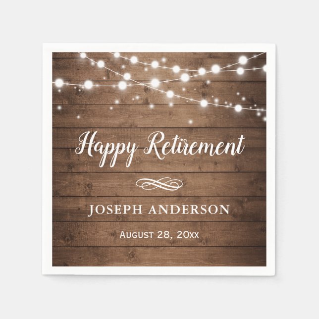 Rustic Wood String Lights Happy Retirement Napkin (Front)
