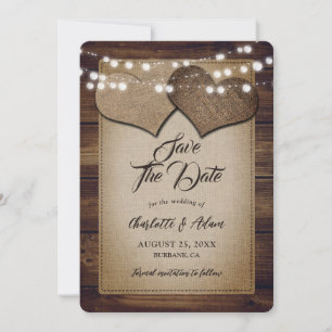 Rustic Wood String Lights Hearts Hessian Wedding Save The Date