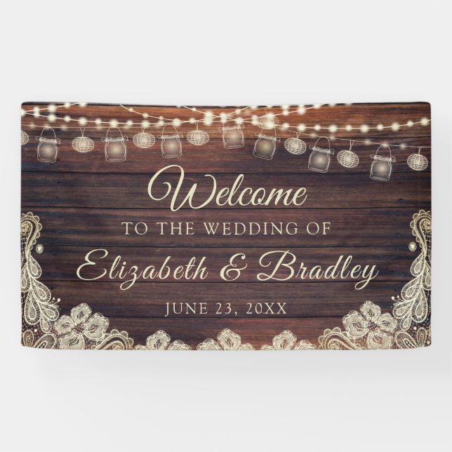 Rustic Wood String Lights Jars Ivory Lace Wedding Banner (Horizontal)