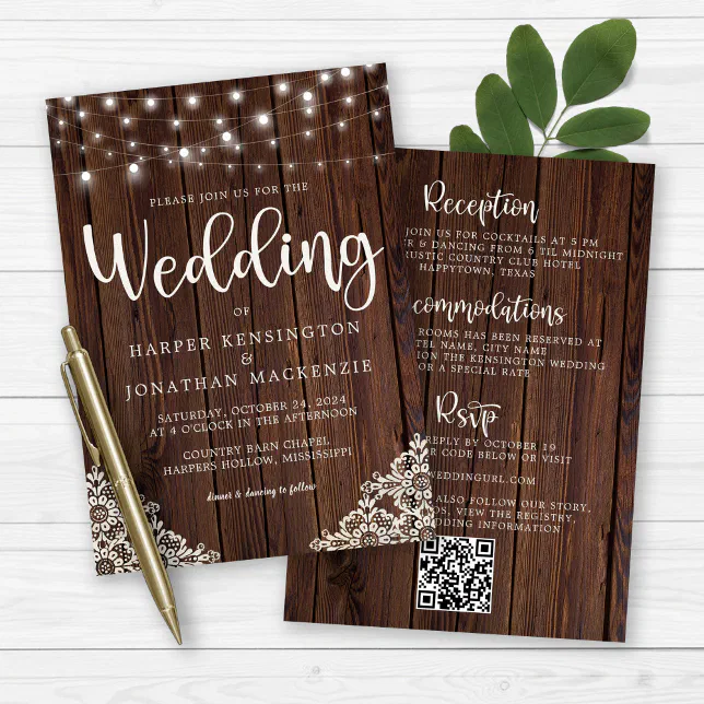 Rustic Wood String Lights Lace All in One Wedding Invitation | Zazzle
