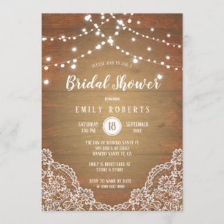 Rustic Wood String Lights Lace Bridal Shower Invitation