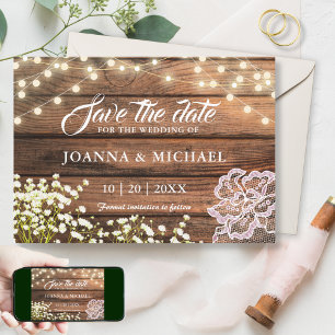 Rustic Wood String Lights & Lace Country Save The Date