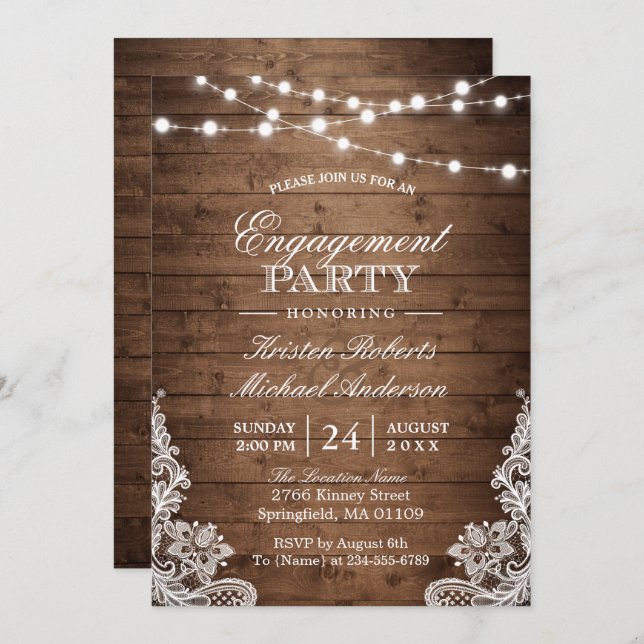 Rustic Wood String Lights Lace Engagement Party Invitation (Front/Back)