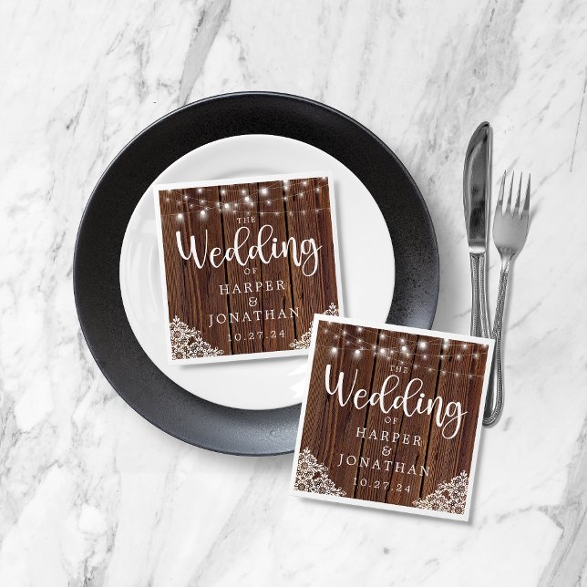 Rustic Wood String Lights Lace Farmhouse Wedding Napkin (Creator Uploaded)