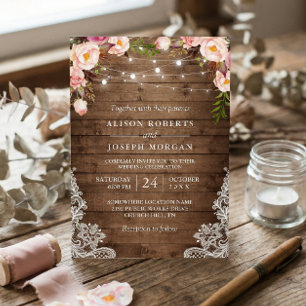 Rustic Wood String Lights Lace Floral Farm Wedding Invitation