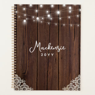 Rustic Wood String Lights Lace Personalised Planner